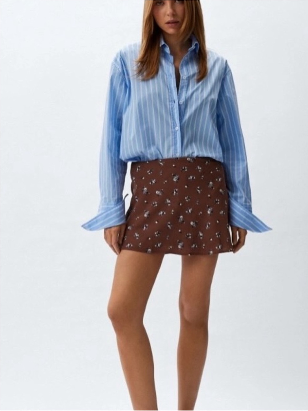 Divided Brown Floral A-Line Women's Skirt - Blue Accent Print size 0